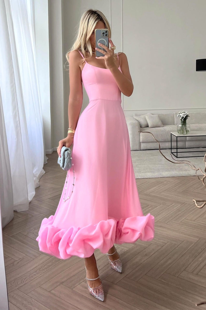 Fleur | Women's Ruffle Hem Spaghetti Strap Midi Dress - Pink - Image 1