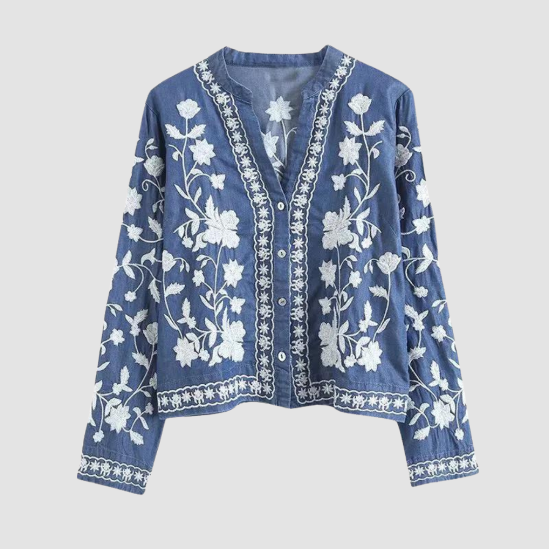Fleurwyn | Women's Embroidered Denim Cardigan - Blue - Image 1