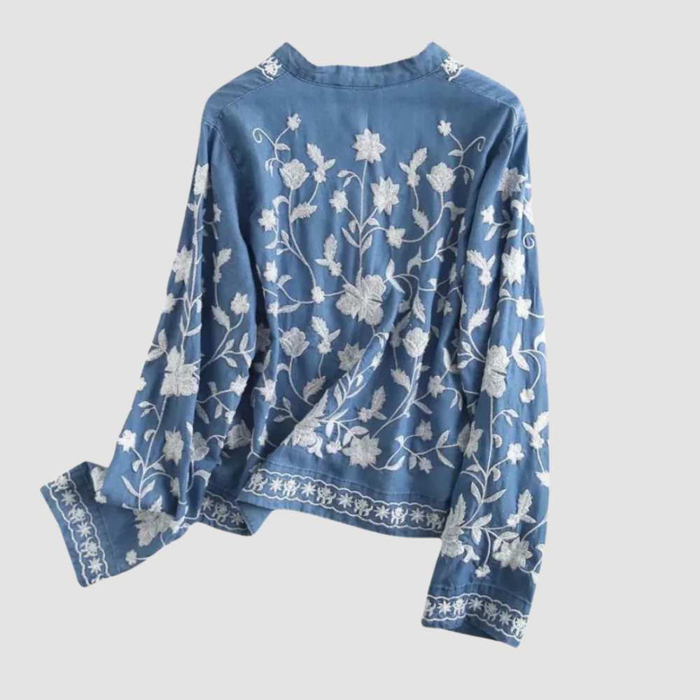 Fleurwyn | Women's Embroidered Denim Cardigan - Blue - Image 2