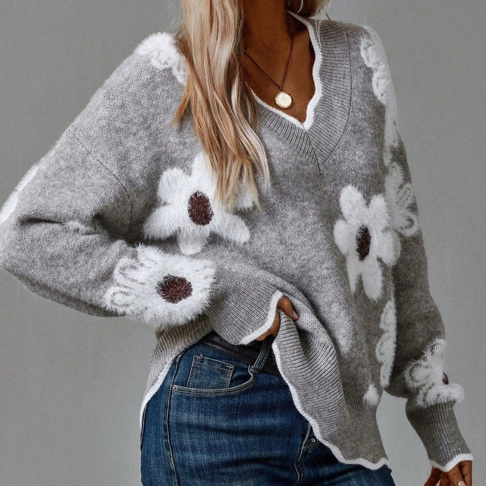 Floravn | Women's Floral Knit Jumper V-Neck - Grey - Image 1