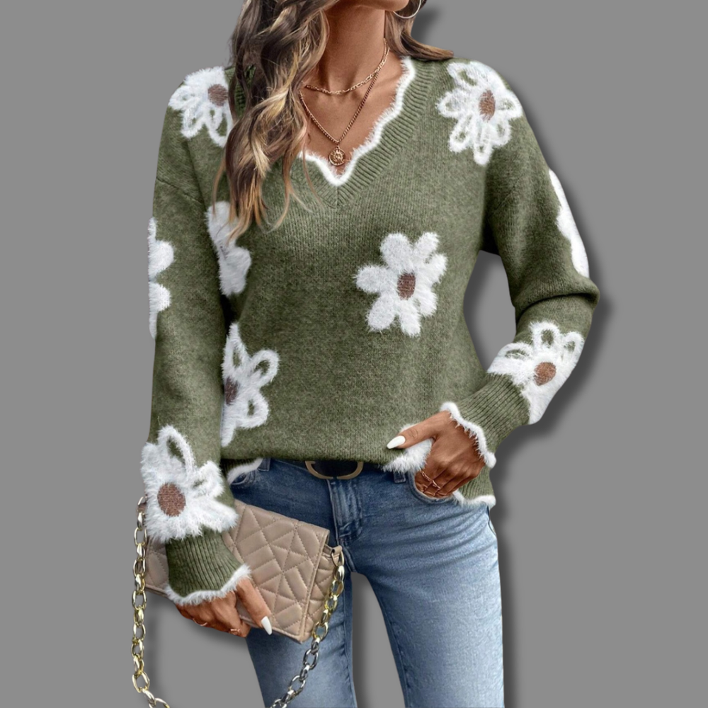 Floravn | Women's Floral Knit Jumper V-Neck - Grey - Image 2