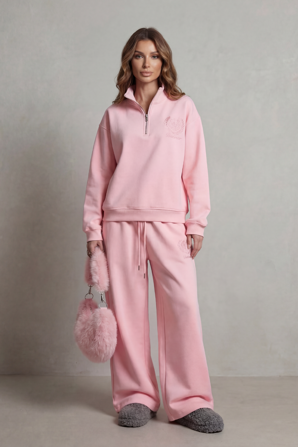 Floreva | Women's Lounge Set Half-Zip & Wide-Leg Joggers - Light Pink - Image 2