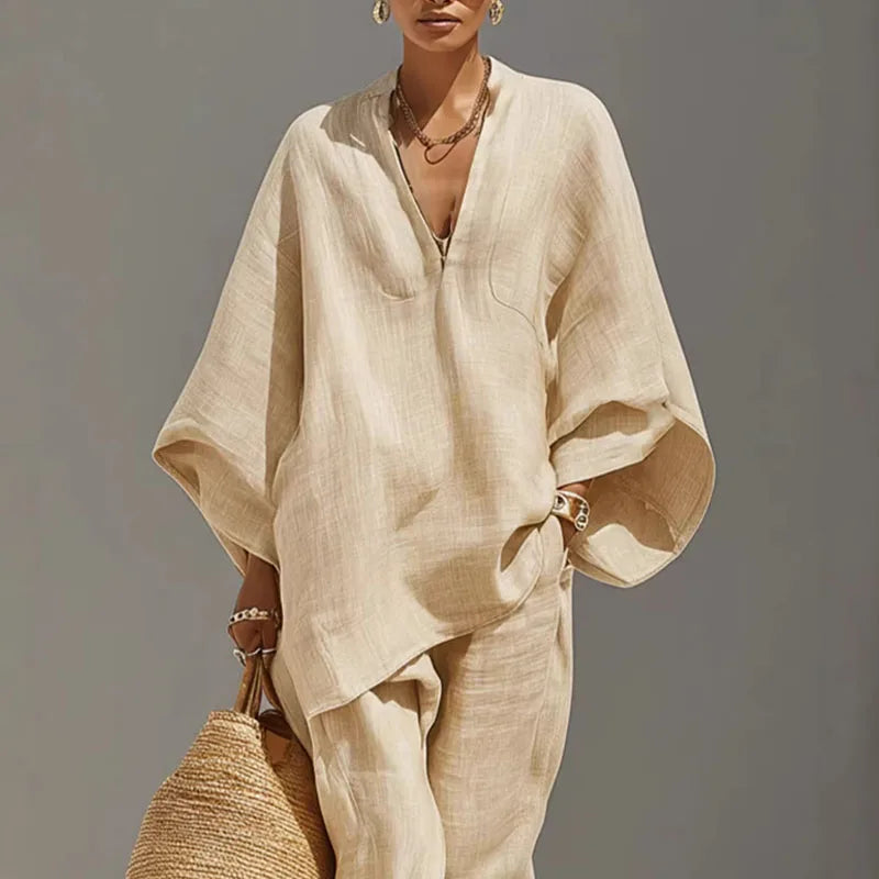 Floriane | Women's Batwing Sleeve Two Piece Set - Beige - Image 1