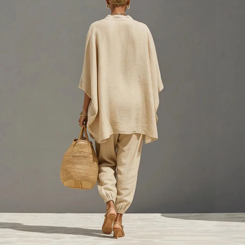 Floriane | Women's Batwing Sleeve Two Piece Set - Beige - Image 2