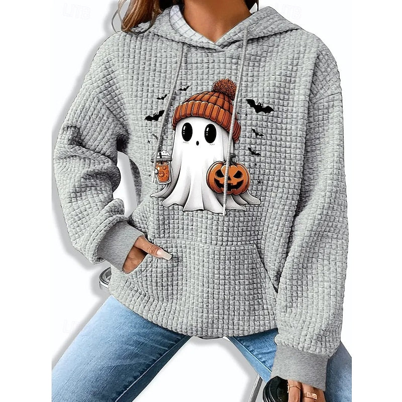 Florwen | Women's Halloween Knit Jumper with Ghost Print - Light Grey - Image 1