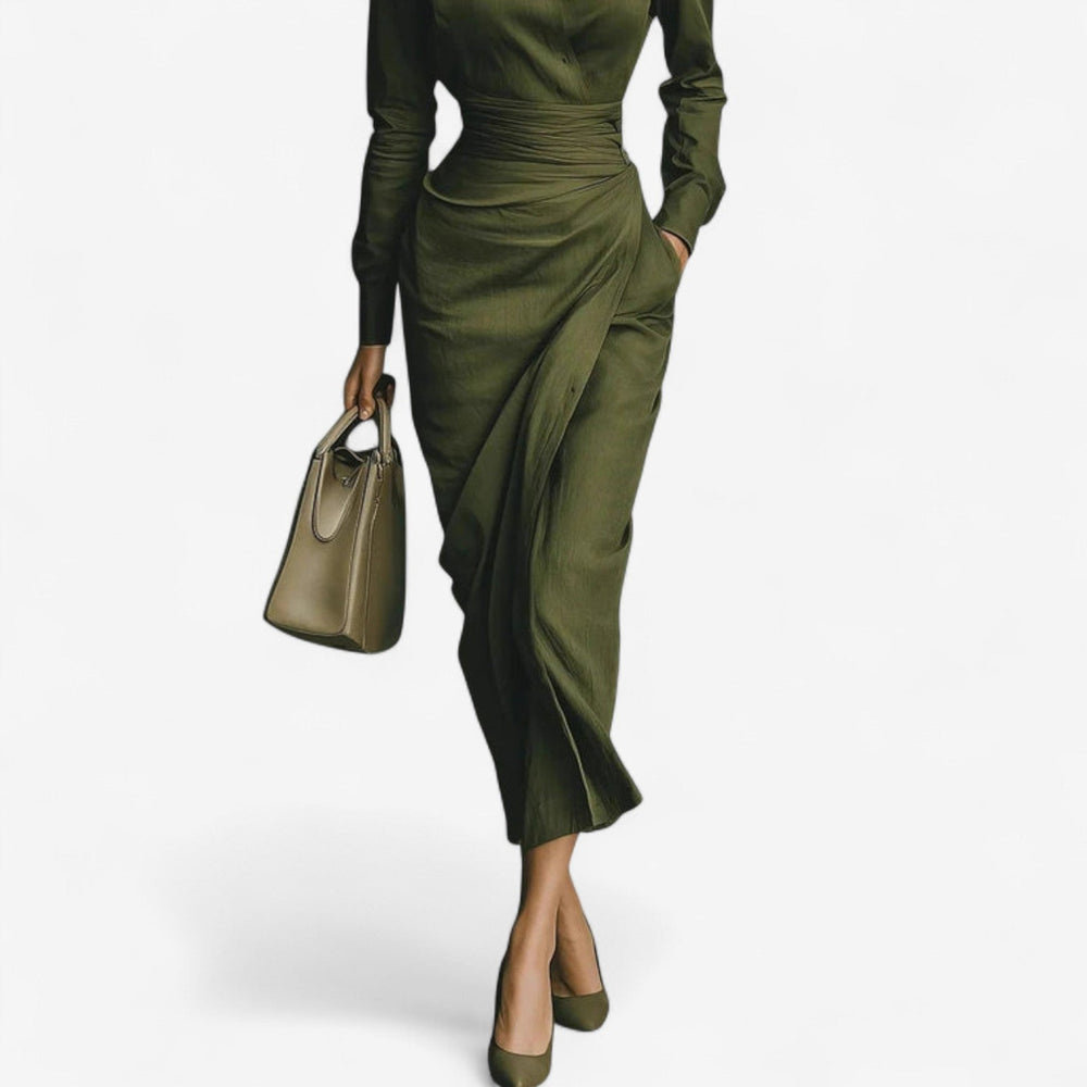 Francesca | Women's Collared Long Sleeve Wrap Dress - Green - Image 2