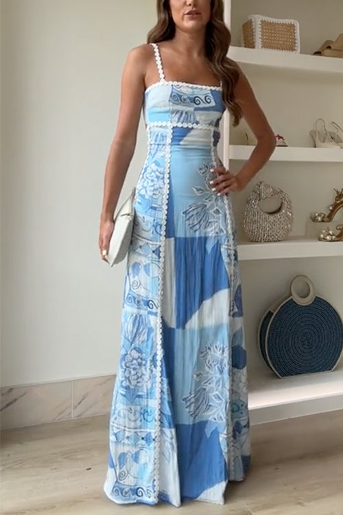 Francesca | Women's Patchwork Print Square Neck Maxi Dress - Blue - Image 1