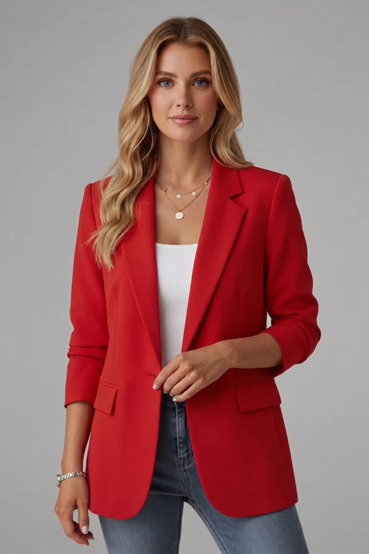Francesca | Women's Single Button Notched Lapel Blazer - Red - Image 2