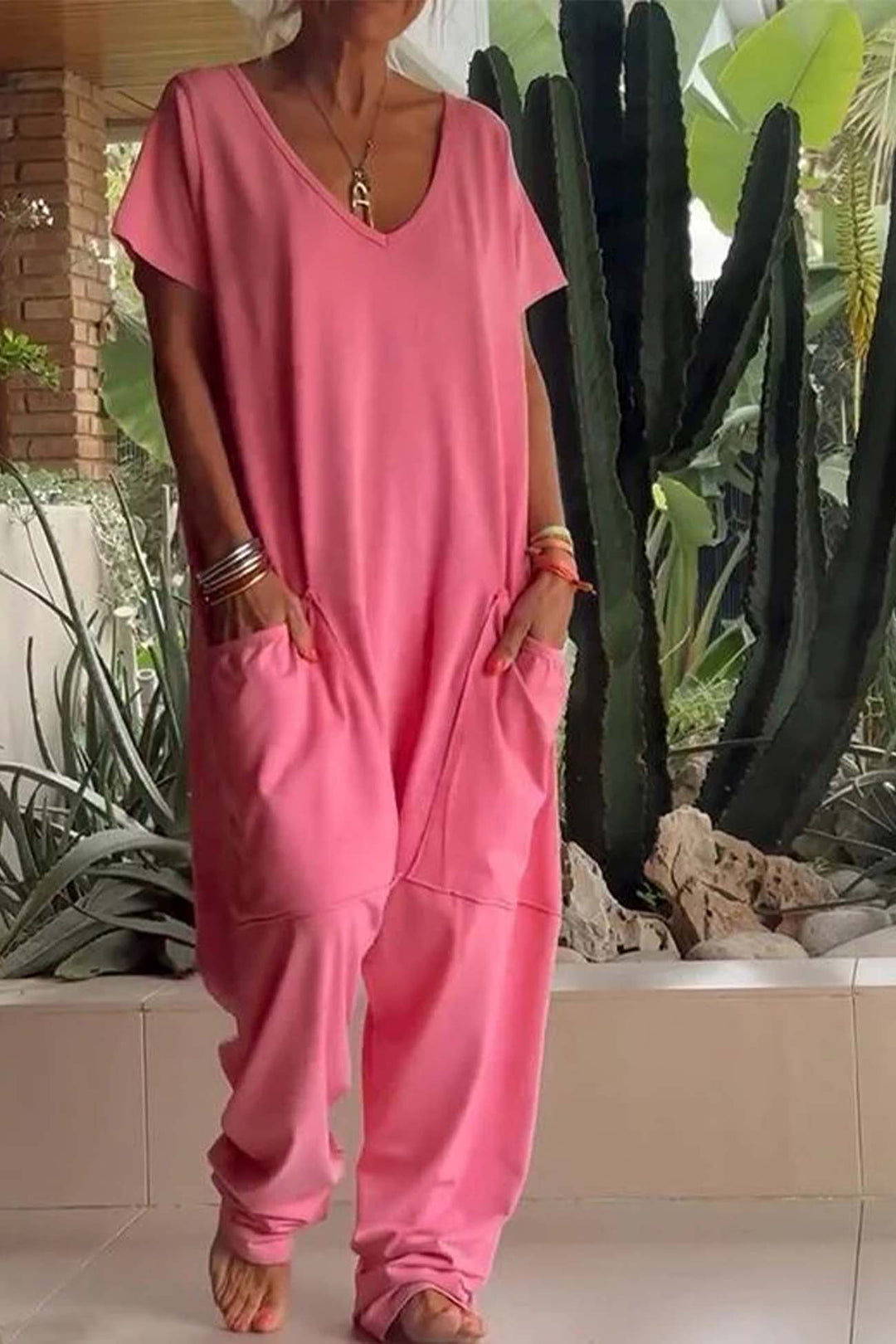Freya | Women's V-Neck Short Sleeve Wide Leg Jumpsuit - Image 1