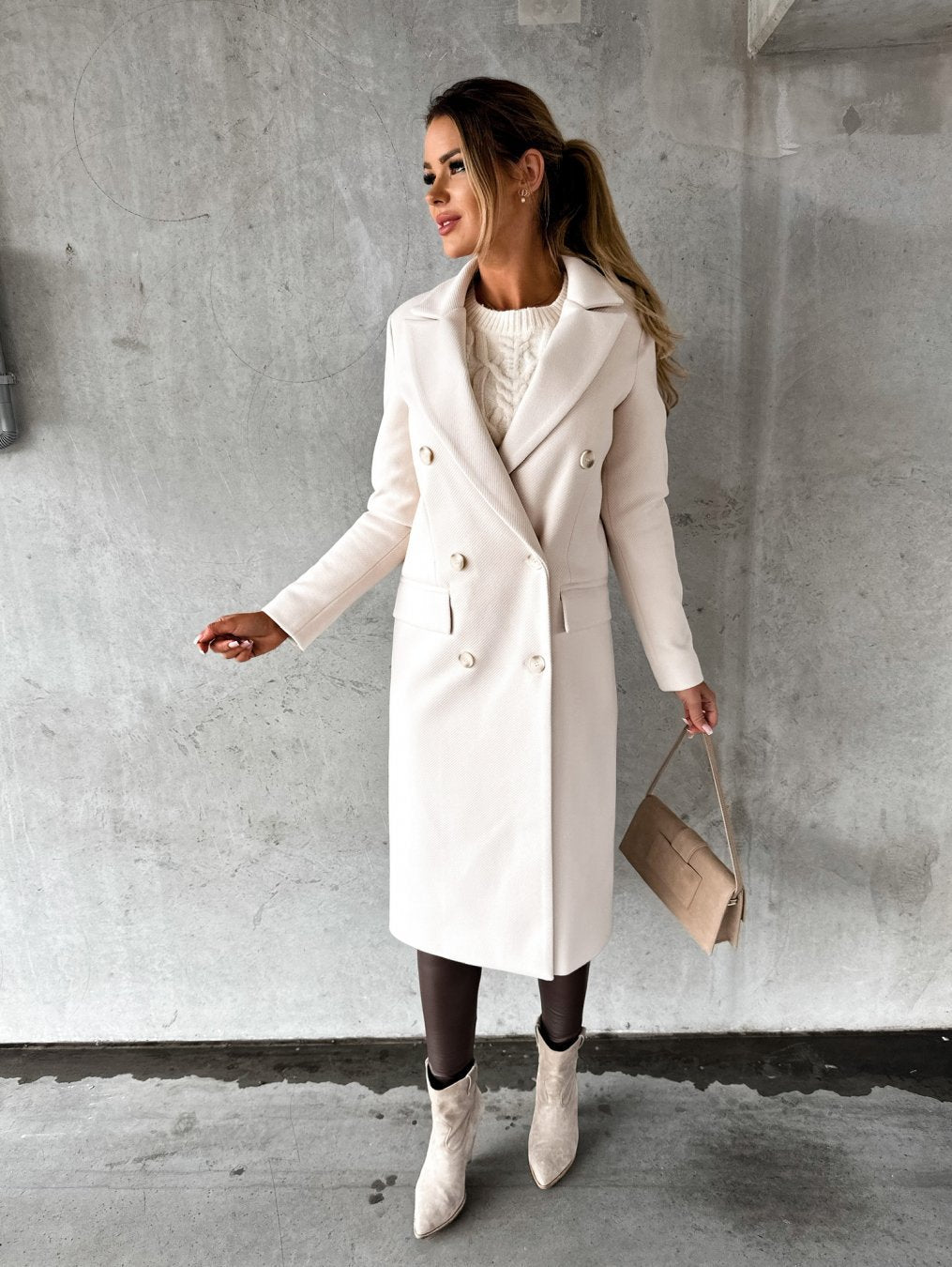 Grenwick | Women's Wool Wrap Coat Double-Breasted Midi - Cream - Image 1