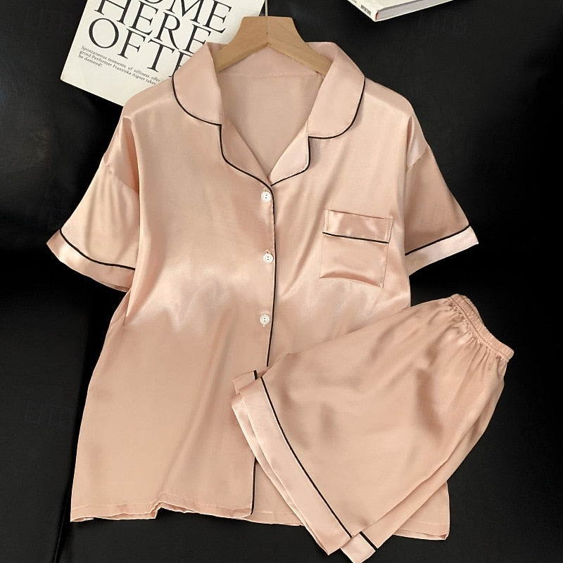 Gwenara | Women's Satin Pyjama Lounge Set Short Sleeve - Black - Image 2