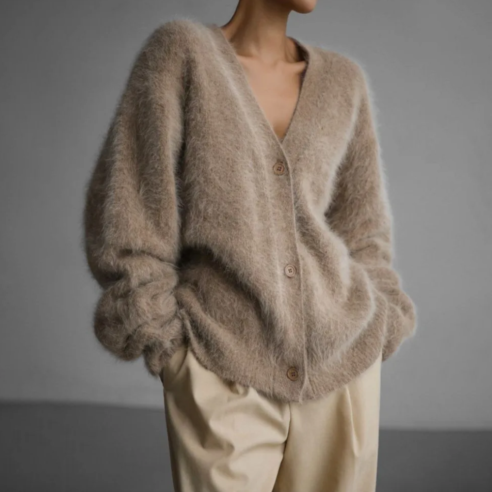 Gweneth | Women's Oversized Fluffy Cardigan - Taupe - Image 1