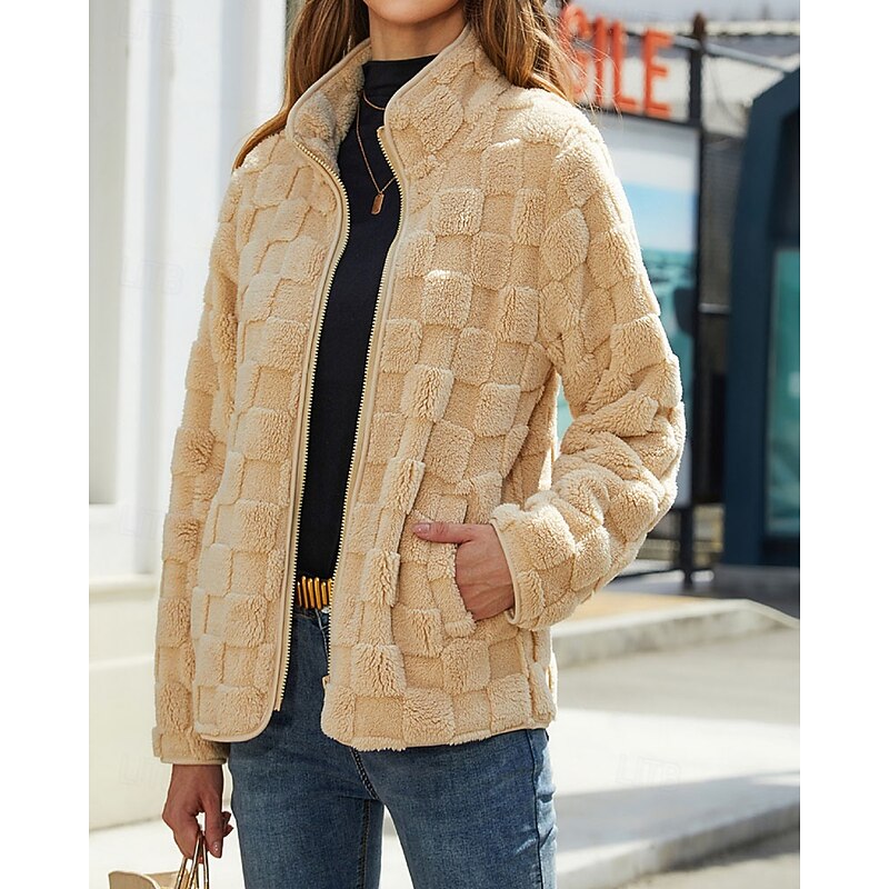 Halvara | Women's Fleece Winter Coat Zip Jacket - Camel - Image 1
