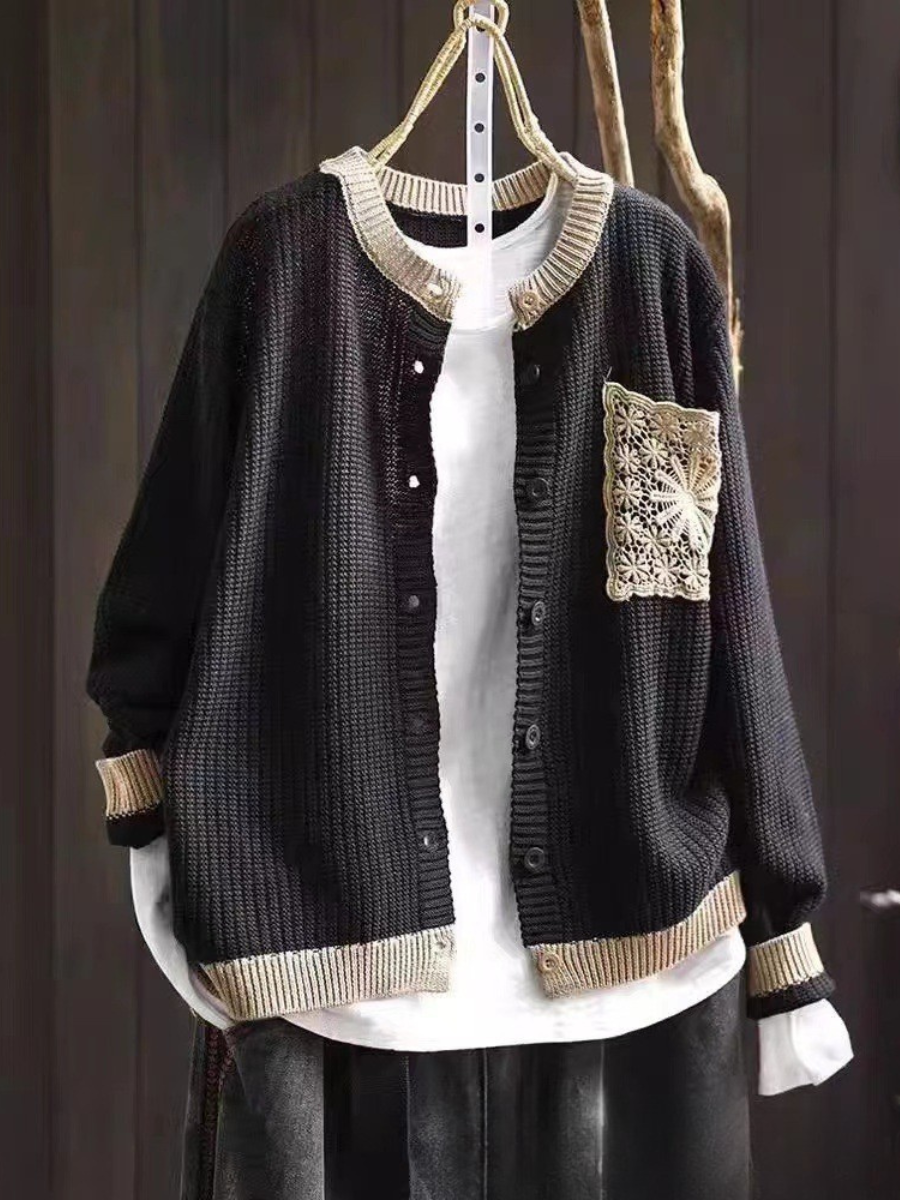 Halvara | Women's Relaxed Knit Cardigan with Lace Pocket - Brown - Image 2