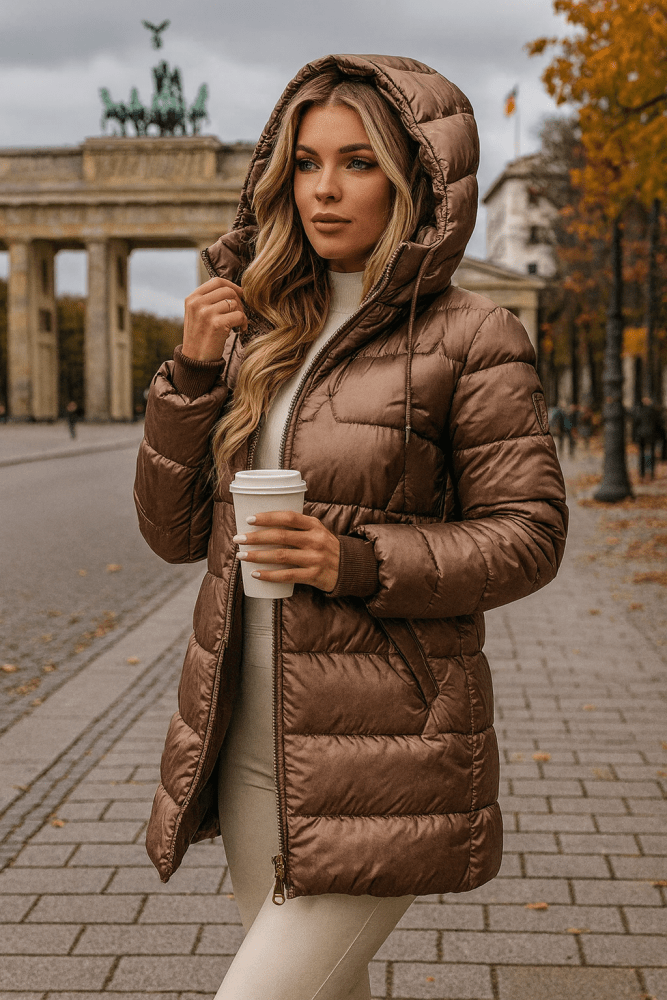 Halvenna | Women's Longline Hooded Puffer Jacket - Bronze - Image 1