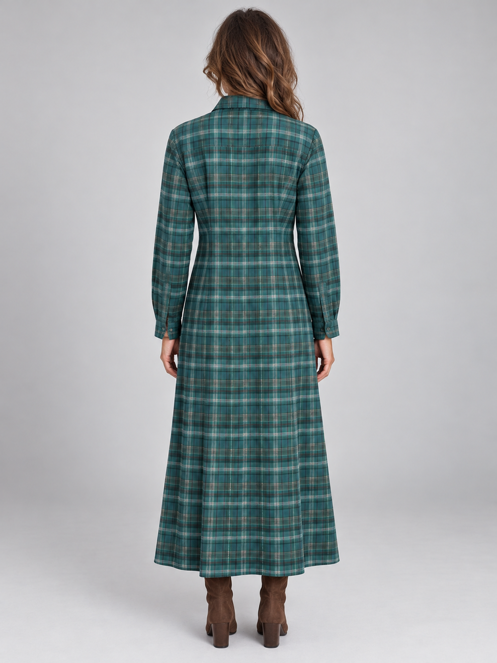 Halvenne | Women's Checked Maxi Shirt Dress - Teal - Image 2