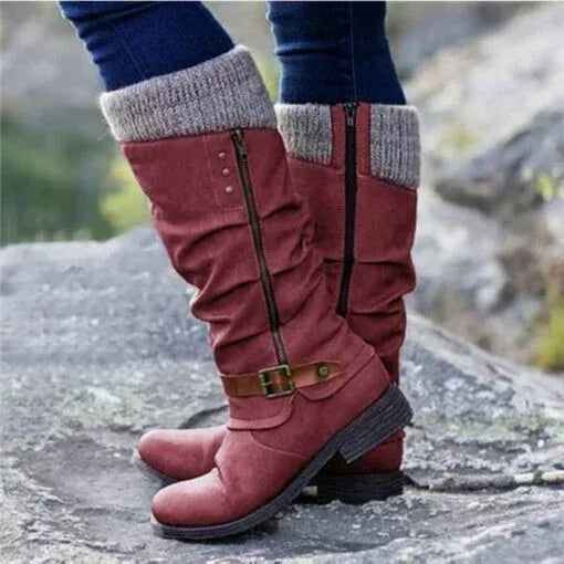 Halveth | Women's Knee-High Boots with Knit Cuff - Black - Image 2