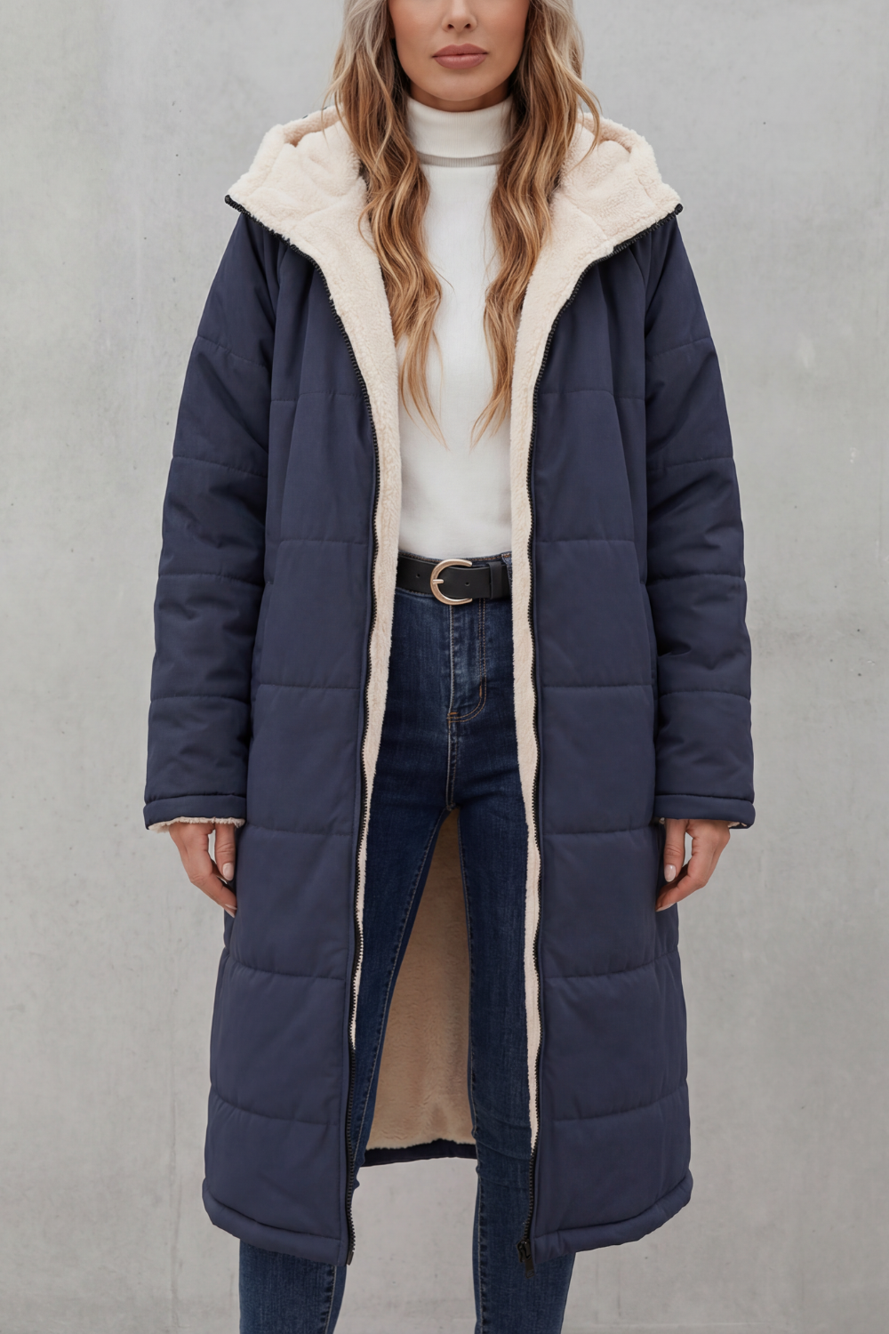Halveth | Women's Sherpa Lined Longline Puffer Coat - Navy - Image 1