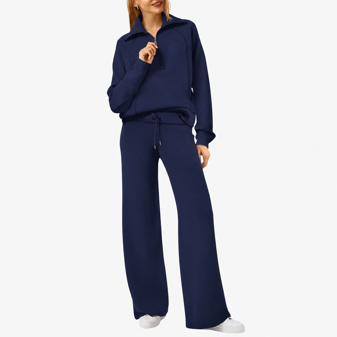 Halvindra | Women's Knit Lounge Set Wide Leg Co-ord - Navy - Image 1