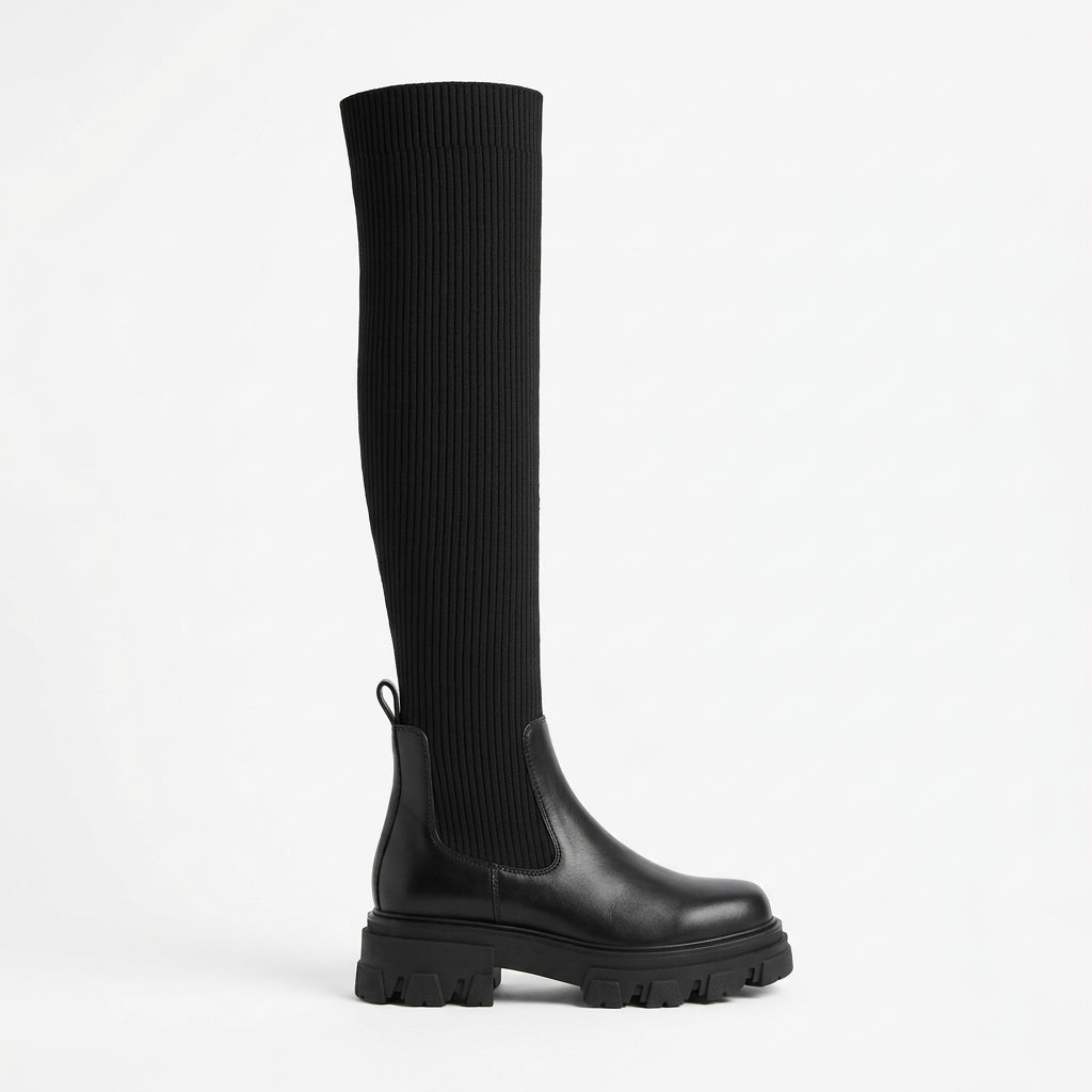 Halvindra | Women's Over-the-Knee Sock Platform Boot - Black - Image 1