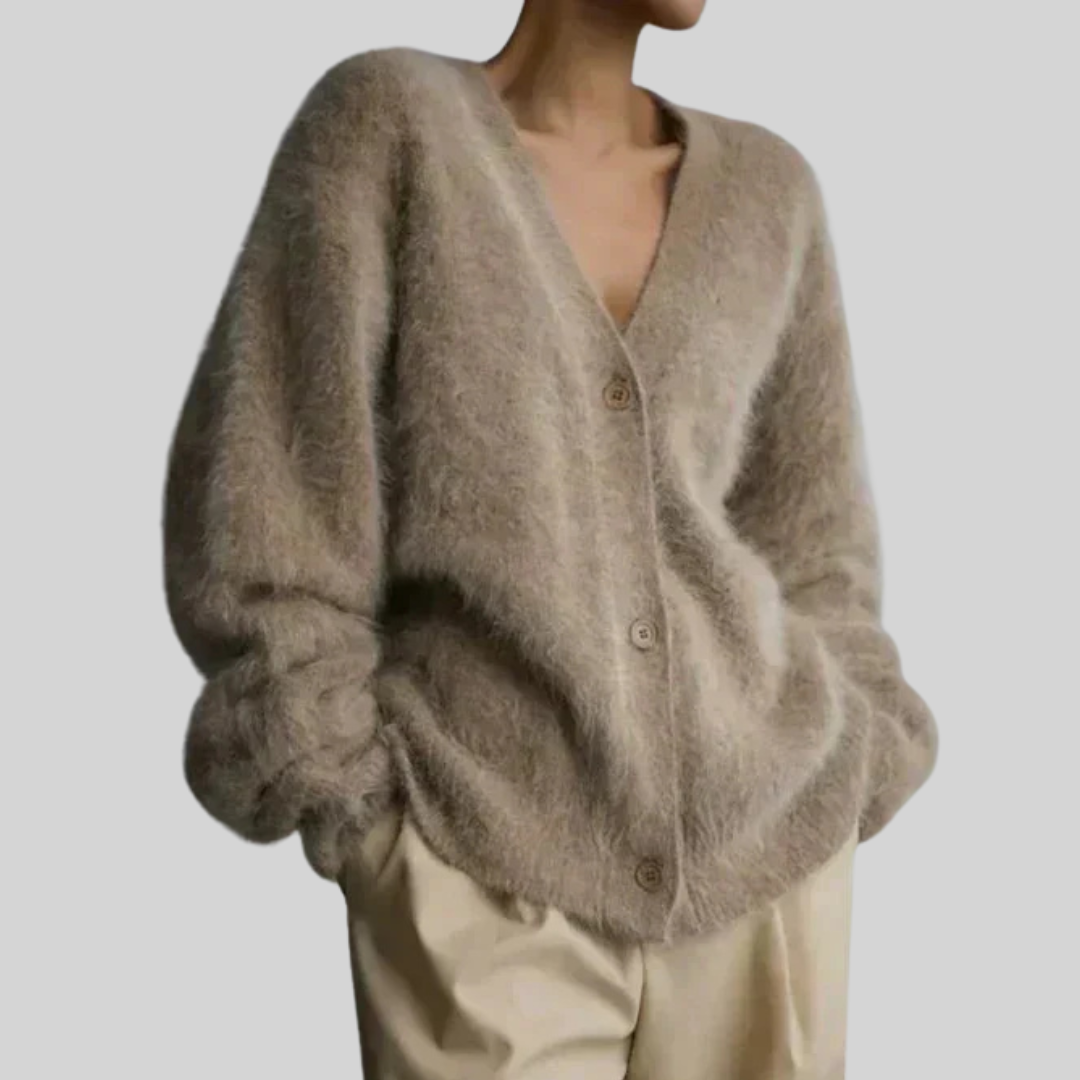 Halvine | Women's Oversized Fuzzy Cardigan Sweater - Taupe - Image 1