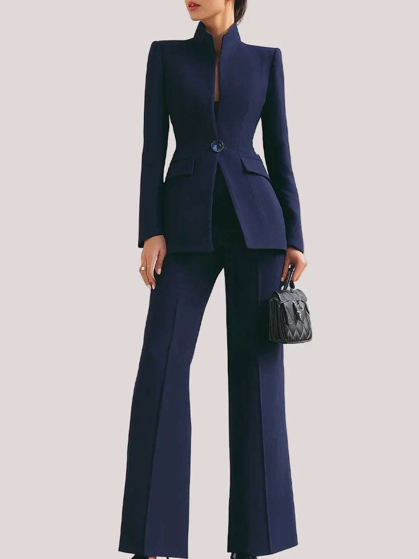 Halvine | Women's Two-Piece Tailored Suit Blazer & Flare Trousers - Navy - Image 1