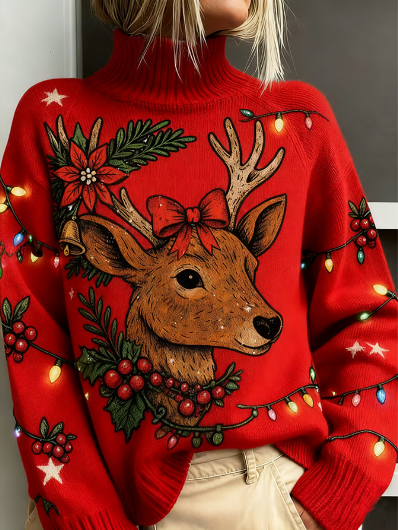 Halvira | Women's Christmas Jumper Reindeer Turtleneck - Red - Image 1