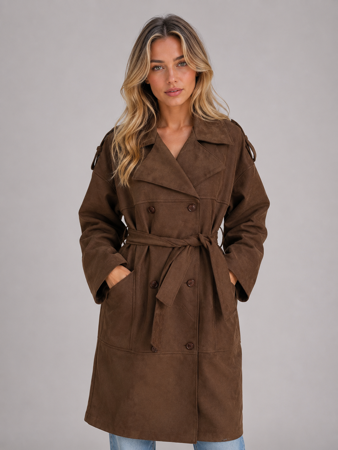 Halvora | Women's Belted Faux Suede Trench Coat - Brown - Image 1