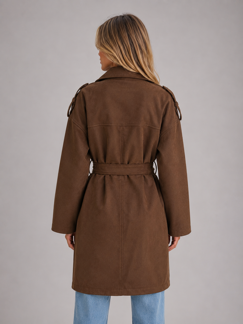 Halvora | Women's Belted Faux Suede Trench Coat - Brown - Image 2