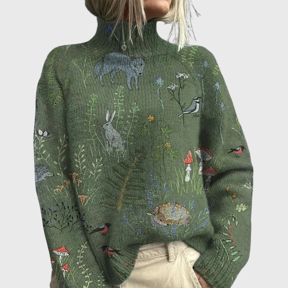 Halvorn | Women's Turtleneck Ribbed Jumper Forest Print - Green - Image 1