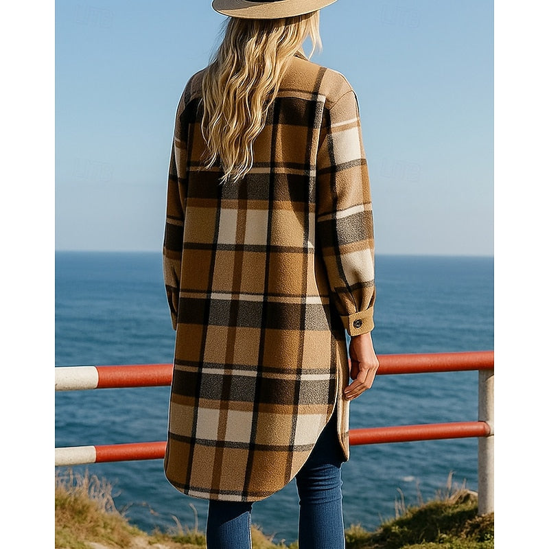 Halvorne | Women's Wool Wrap Coat Plaid Longline - Camel - Image 2