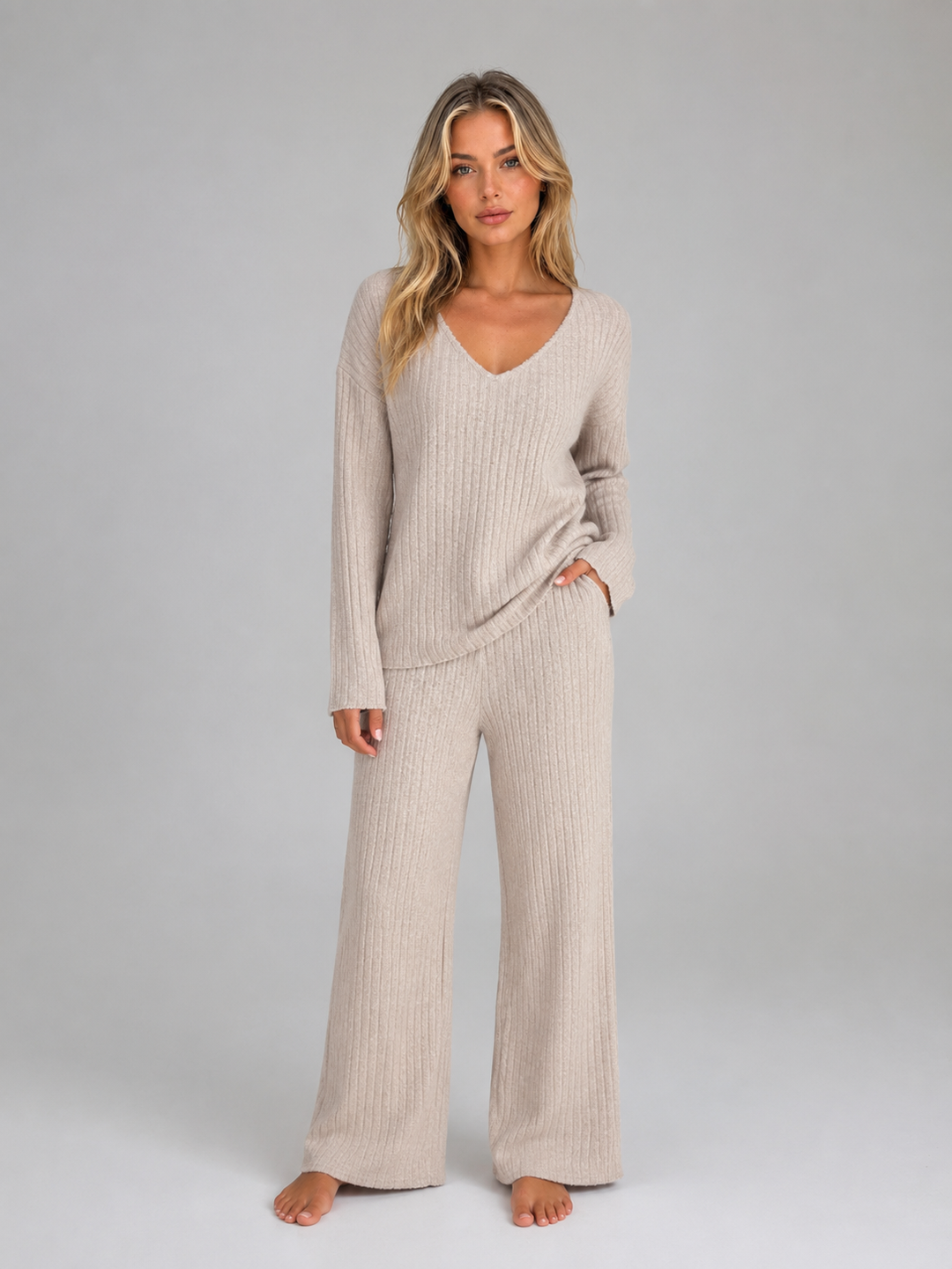 Haverlin | Women's Ribbed Knit Lounge Set - Beige - Image 1