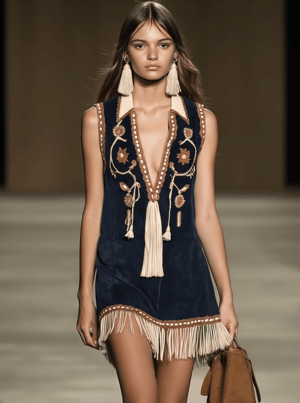 Ianthe | Women's Boho Embroidered Tassel Fringe Mini Dress - Navy - Image 2