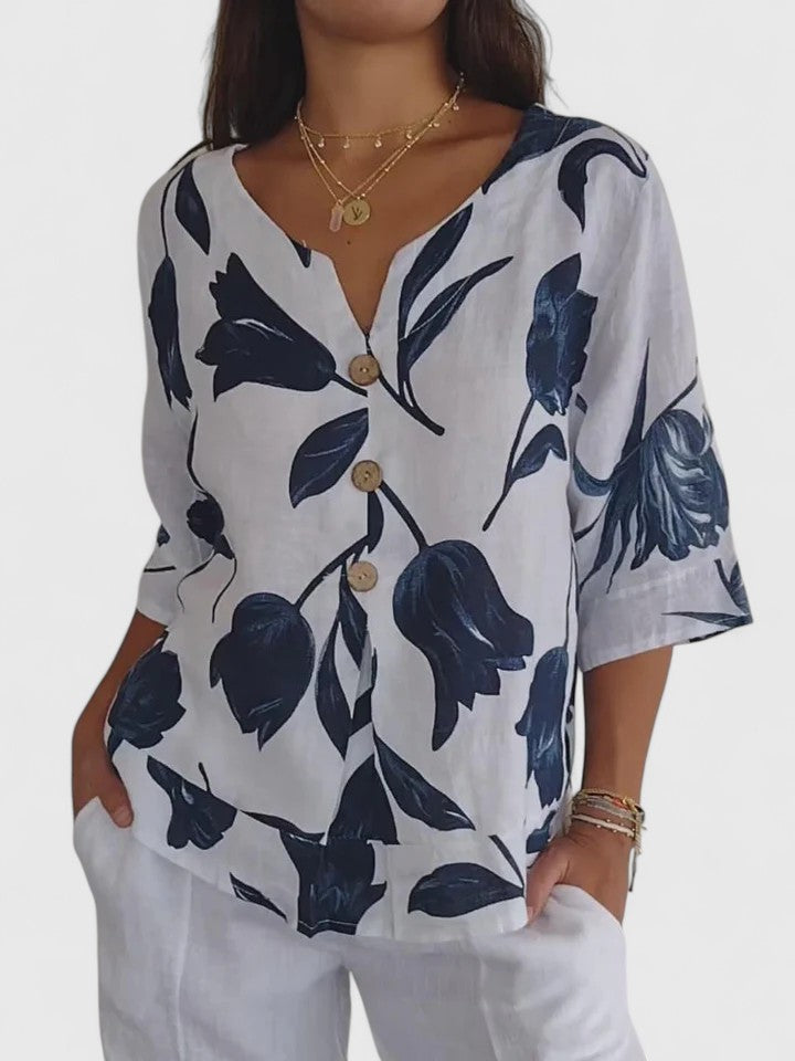 Imelda | Women's Floral V-Neck 3/4 Sleeve Blouse - Floral - Image 1