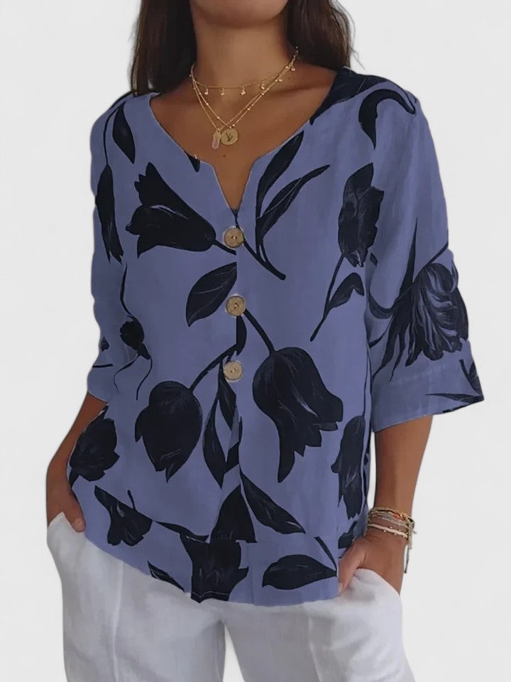 Imelda | Women's Floral V-Neck 3/4 Sleeve Blouse - Floral - Image 2