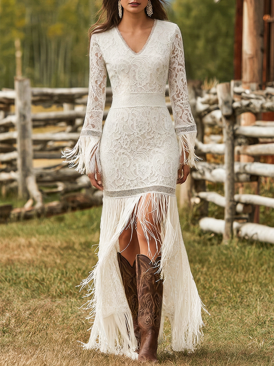 Imogen | Women's V-Neck Long Sleeve Fringe Maxi Dress - White - Image 1