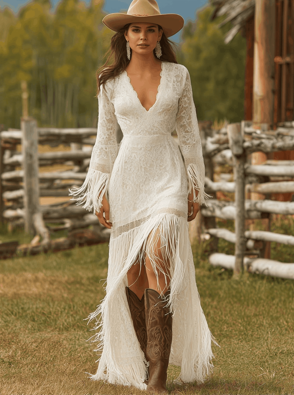 Imogen | Women's V-Neck Long Sleeve Fringe Maxi Dress - White - Image 2