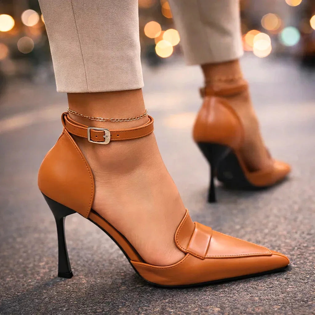 Imogene | Women's Pointed Toe Ankle Strap Heels - Orange - Image 1