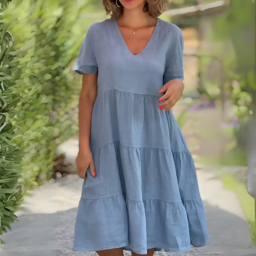 Indira | Women's V Neck Short Sleeve Midi Dress - Image 2