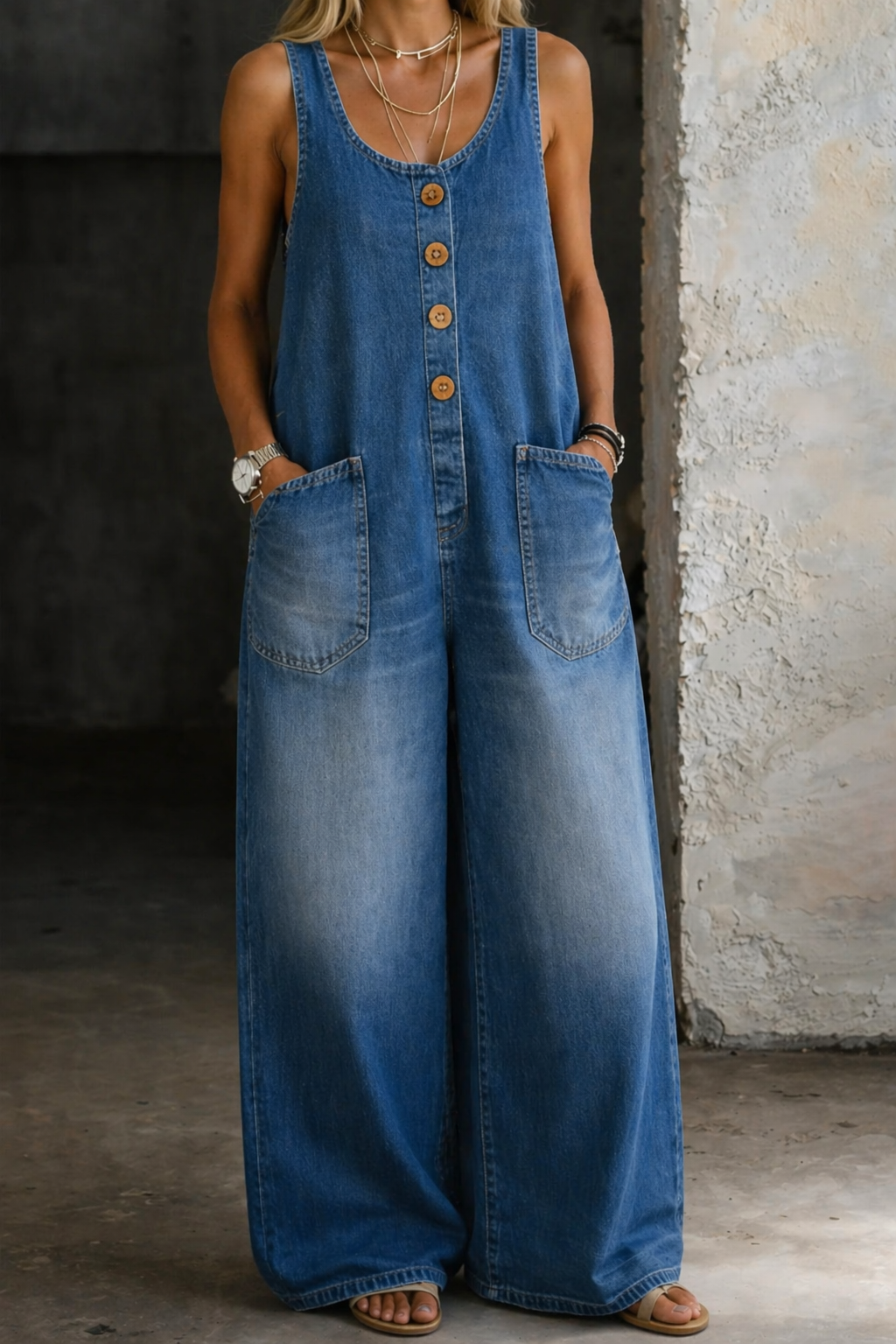 Indra | Women's Sleeveless Wide Leg Denim Overalls - Blue - Image 1