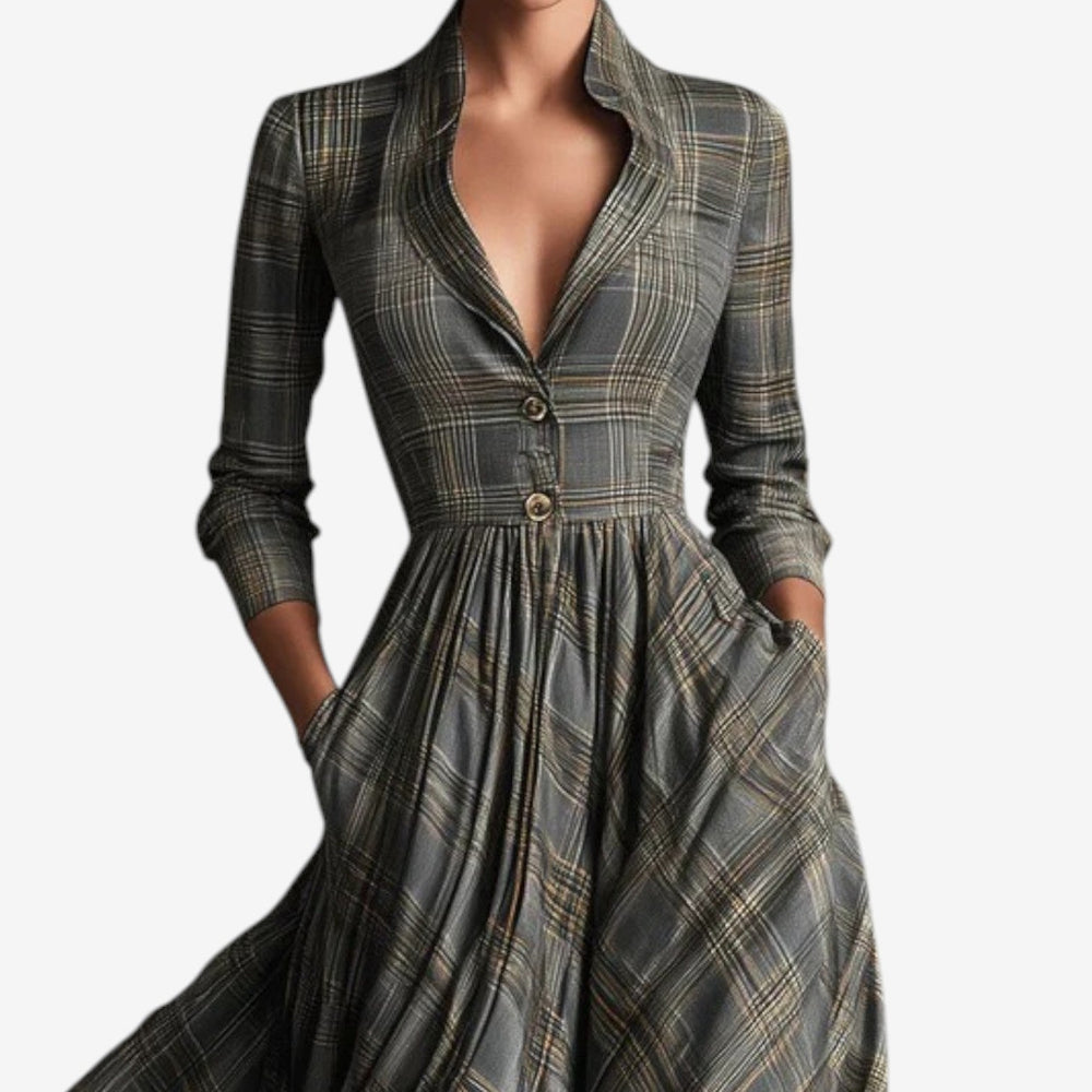 Iolanthe | Women's Plaid Long Sleeve Maxi Dress - Grey - Image 2