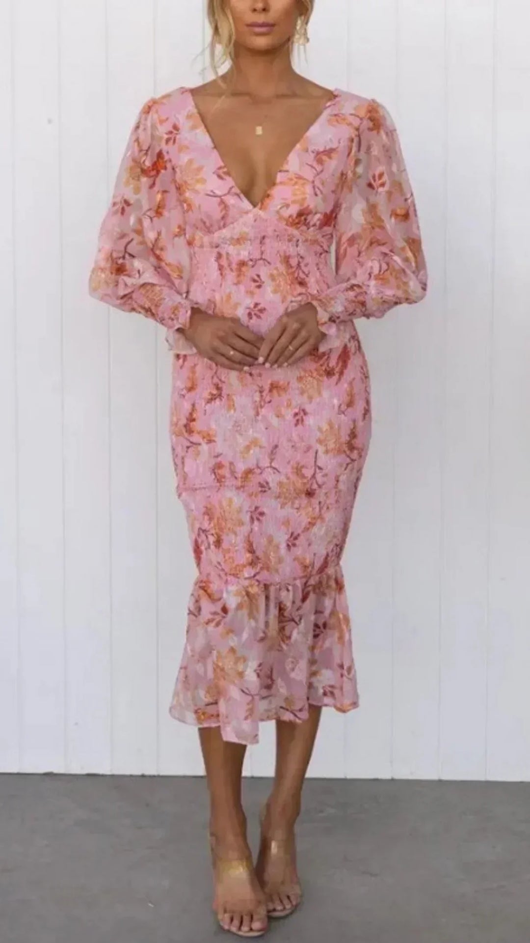 Isabetta | Women's Floral V-Neck Long Sleeve Midi Dress - Image 1