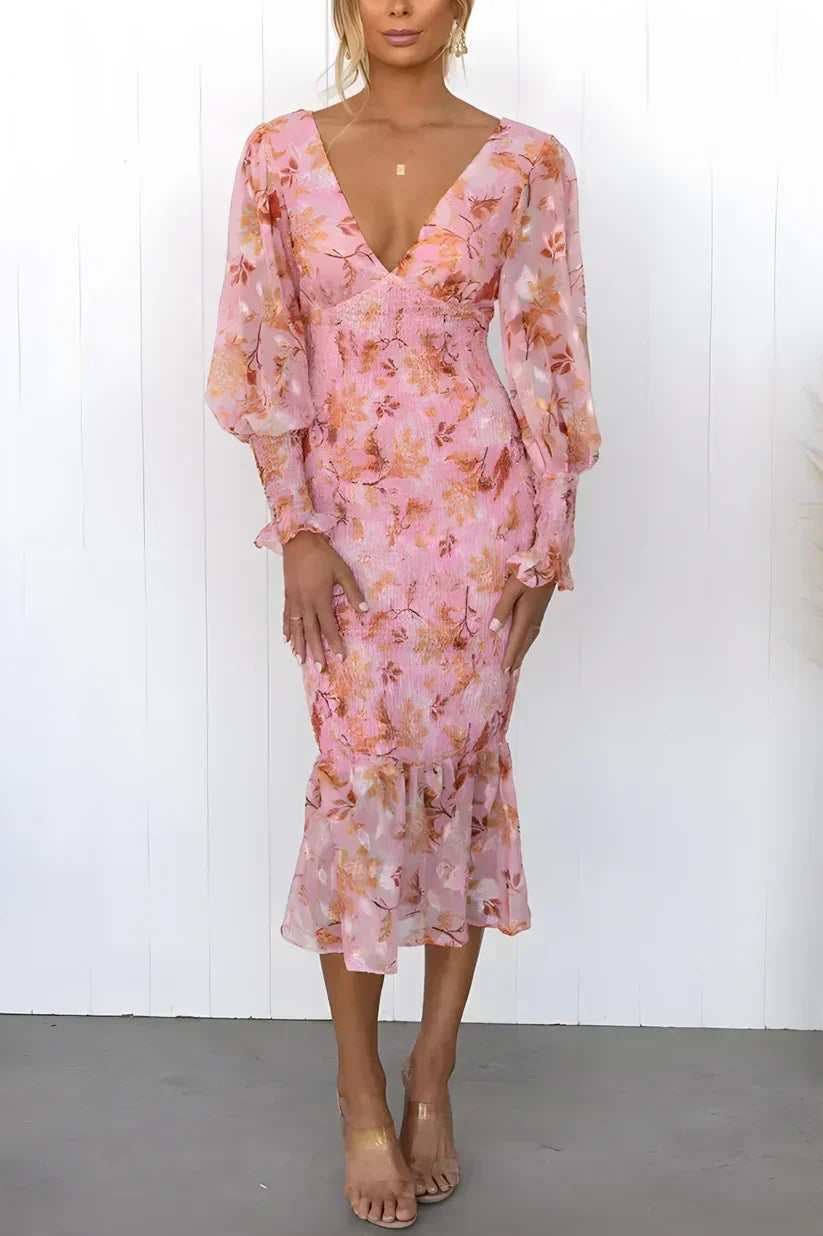 Isabetta | Women's Floral V-Neck Long Sleeve Midi Dress - Image 2