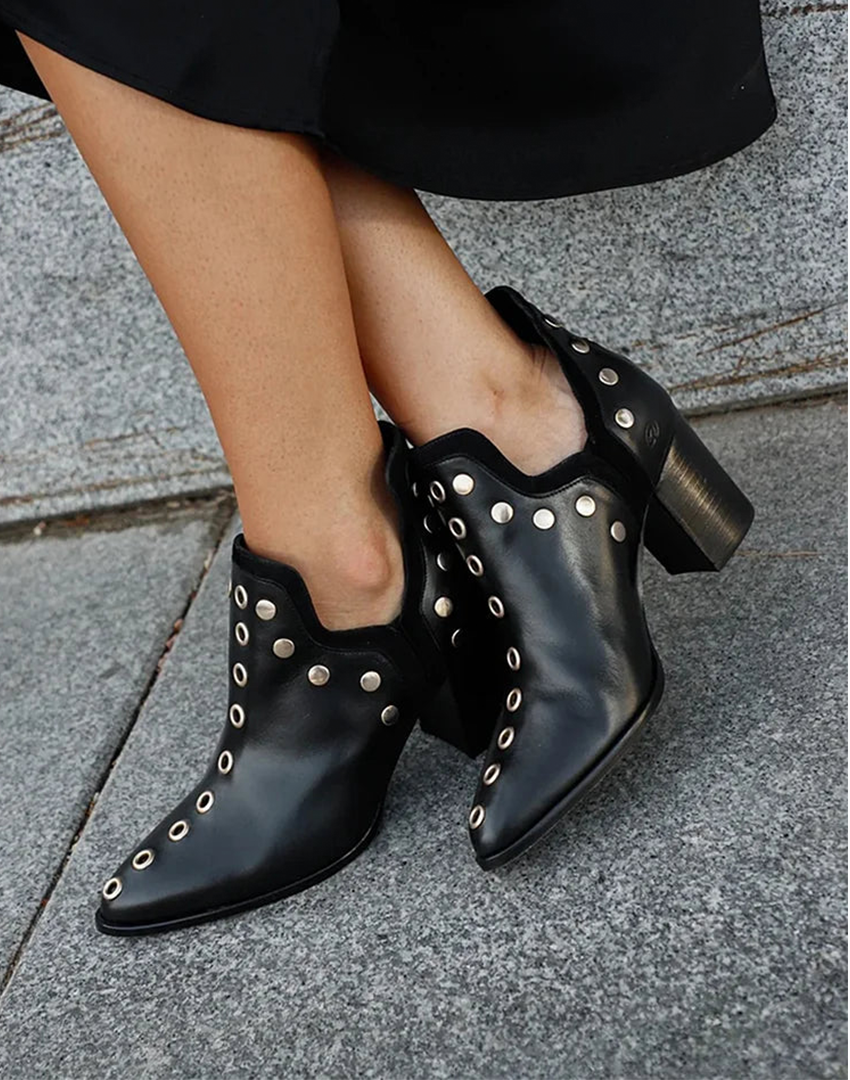 Isadora | Women's Studded Block Heel Ankle Boots - Black - Image 1