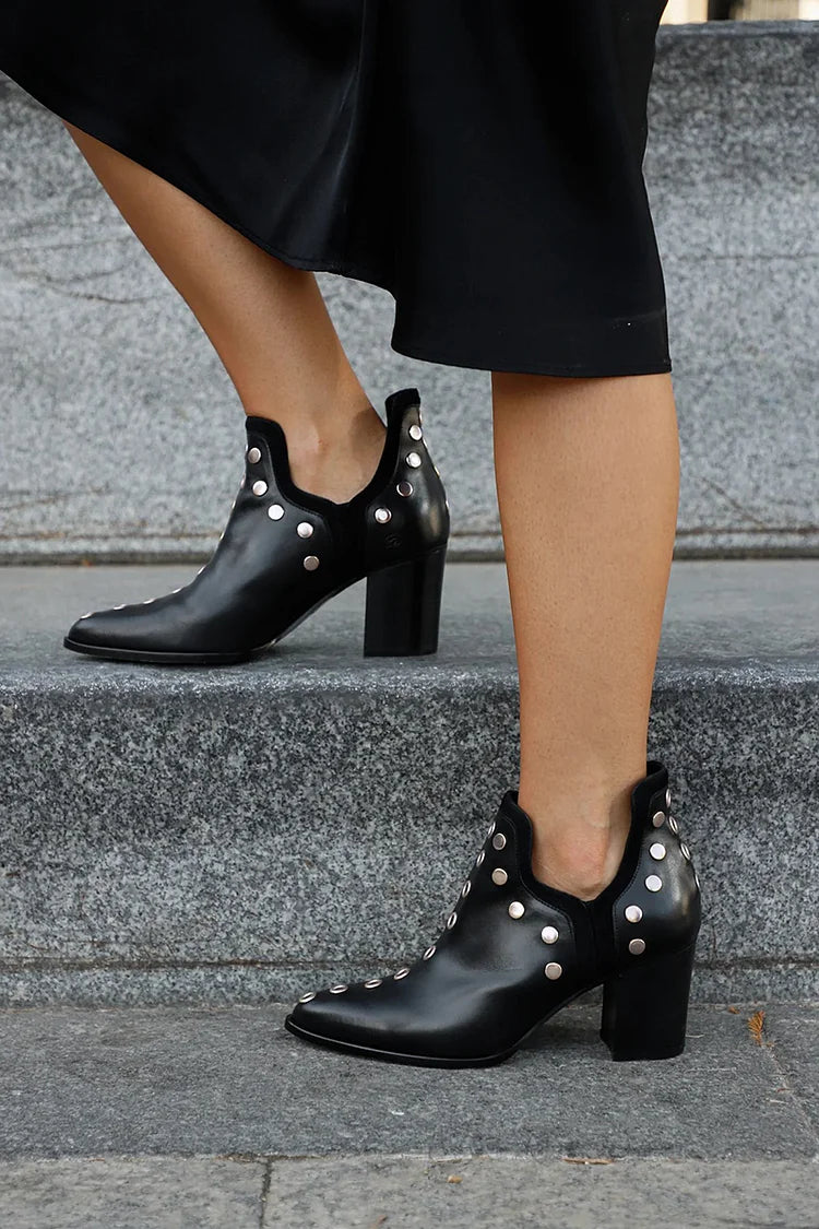Isadora | Women's Studded Block Heel Ankle Boots - Black - Image 2