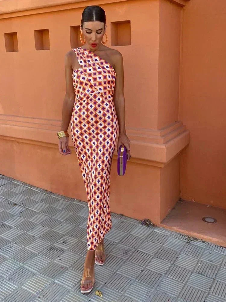Isolda | Women's One Shoulder Geometric Print Maxi Dress - Image 1