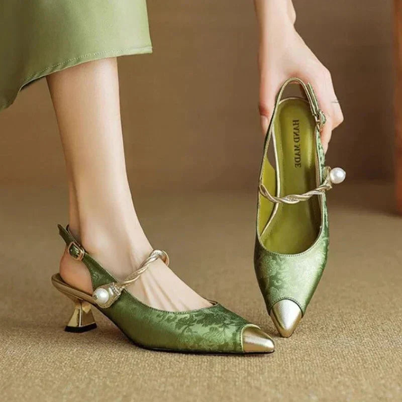 Isolda | Women's Pearl Strap Slingback Kitten Heel Pumps - Image 1