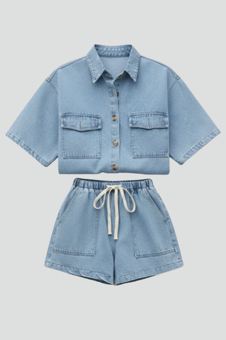 Juliette | Women's Short Sleeve Two Piece Set - Light Blue - Image 1