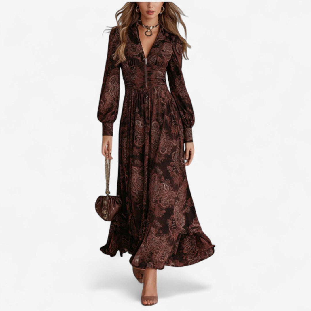 Kathryn | Women's Paisley Print V-Neck Maxi Dress - Brown - Image 1