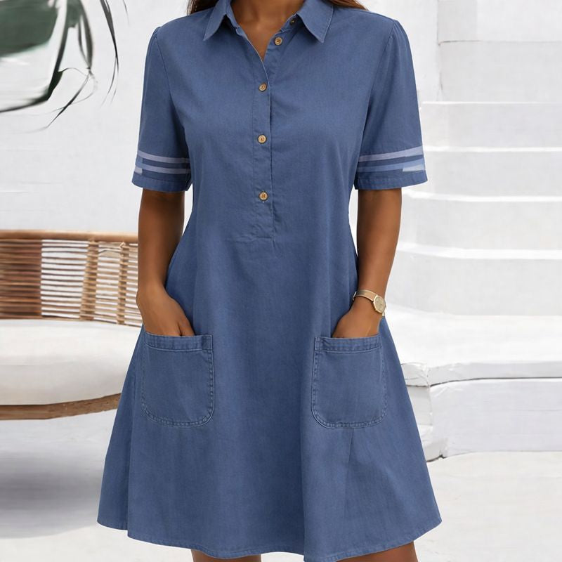 Kiera | Women's Button Front Short Sleeve Shirt Dress - Blue - Image 1